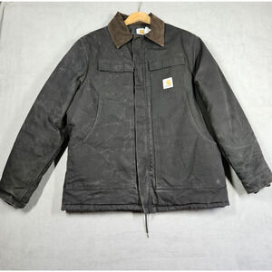 VTG Carhartt CQ185 Chore Coat Jacket 44 Made USA Black Quilted Lined Distressed